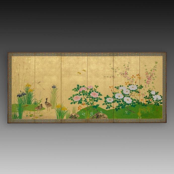 Écran pliant avec un jardin luxuriant - Bois laqué, Soie,, Antiek en Kunst, Antiek | Overige Antiek