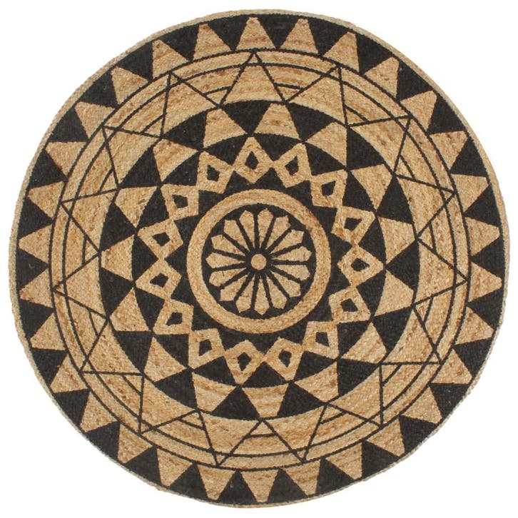 vidaXL Vloerkleed handgemaakt met zwarte print 150 cm jute, Maison & Meubles, Ameublement | Tapis & Moquettes, Envoi