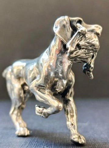 sculptuur, Italienische Silberfigur – Jagdhund mit Beute –