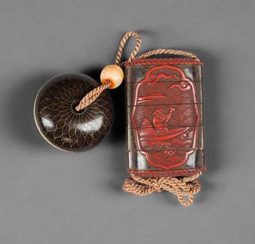 Tsuishu-inro met ontwerp van geleerde en visser - Lak, hoorn