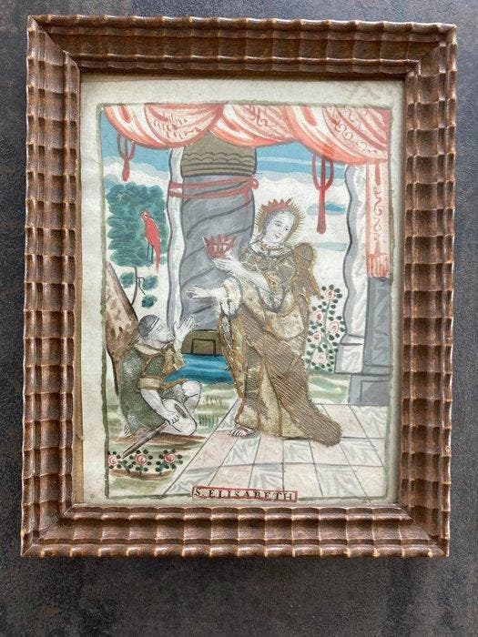 Antiek - 18 eeuw - Reglieuze prent - Heilige Elisabeth -, Antiquités & Art, Art | Art non-occidental