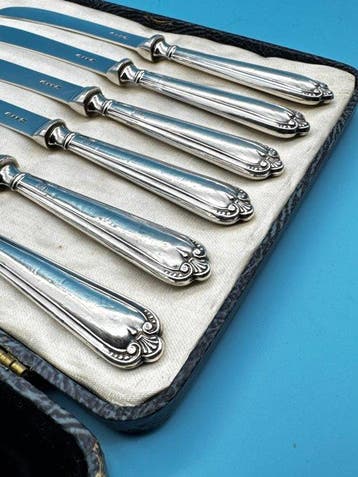 Antique Set of 6 Sterling Silver Handled Fruit / Butter, Antiek en Kunst