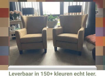 Set van 2 leren oorfauteuils met houten poten - bruin leer, Huis en Inrichting, Ophalen of Verzenden, Nieuw