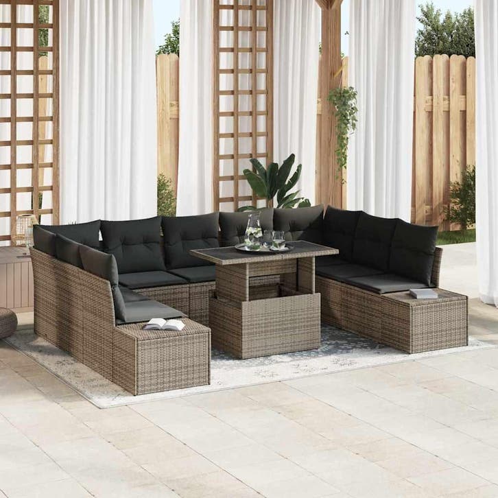 vidaXL Tuinbank Set met opslag 10 pcs Grijs Poly rattan, Tuin en Terras, Tuinsets en Loungesets, Nieuw, Verzenden