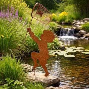 Statue, garden statue silhouette of boy with butterfly net -, Antiquités & Art