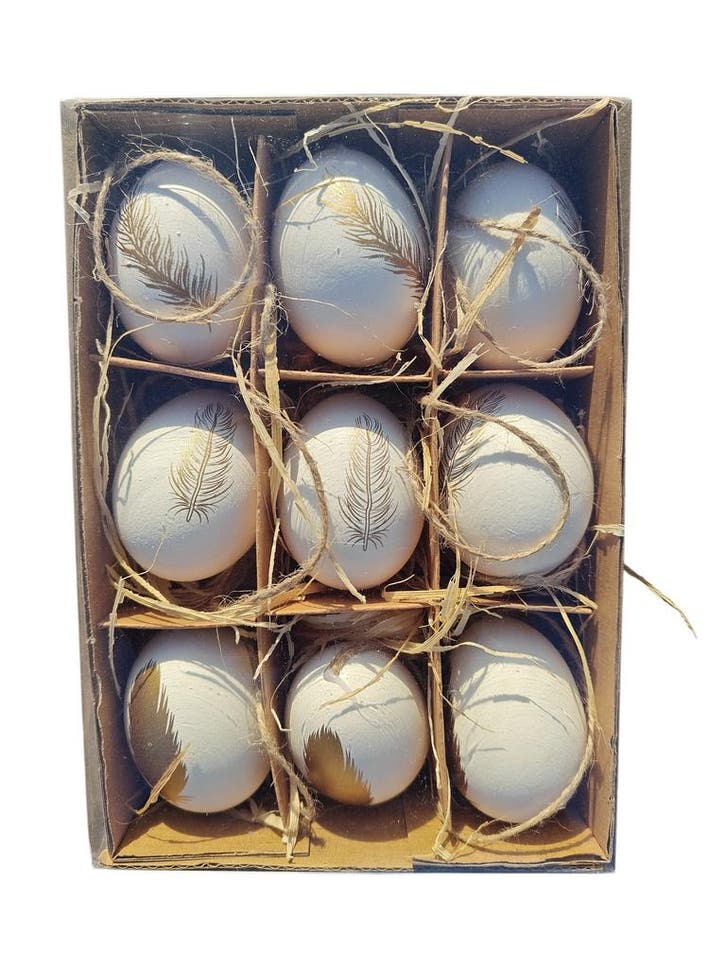 Kippeneieren Wit met gouden veren opdruk 9 stuks, Hobby en Vrije tijd, Knutselen, Nieuw