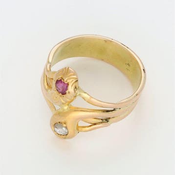 Bague - 14 carats Or jaune - Diamant - Robijn, Nieuw