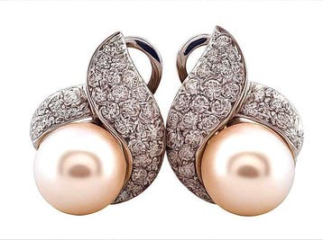 Oorbellen - 18 karaat Witgoud Diamant (Natuurlijk) - Parel, Nieuw
