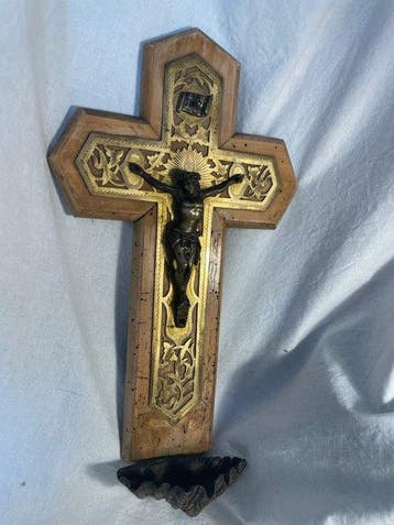 Antiek Wijwatervat - Splendide Bénitier Crucifix - 1850-1900, Antiek en Kunst
