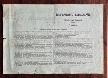 Nederland. 1000 Gulden - 1884 Deli Spoorweg Maatschappij -