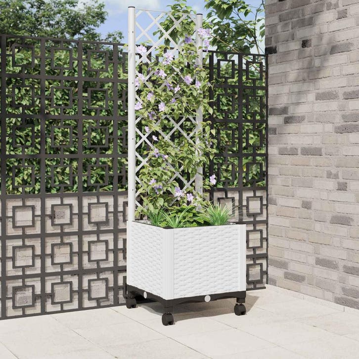 vidaXL Tuinsteker met schutting en wielen Wit 40 x 40 x 146, Tuin en Terras, Bloempotten, Nieuw, Verzenden