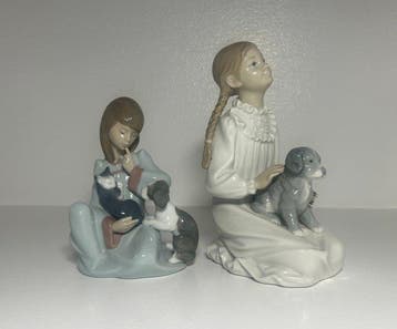 Lladró, Nao by Lladró - Figurine - Cat Nap and Kneeling girl, Antiquités & Art