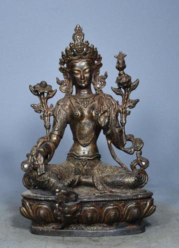 Statue, Green Tara Buddha bronze statue - 21 cm - Cuivre