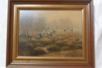Bernd Pöppelmann (1946) - landschap met kraanvogels, 20e