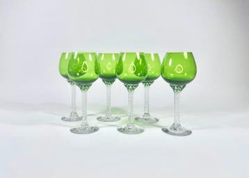 Wijnglas (6) - Glas - Groene, verdraaide voet, Antiek en Kunst