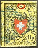 Zwitserland 1850 - Rayon II 10 Rp - Plaatfout PF II -, Gestempeld