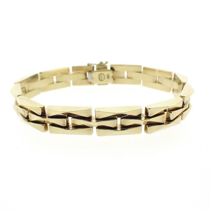Gouden fantasie schakelarmband., Handtassen en Accessoires, Armbanden, Goud, Gebruikt, Goud, Ophalen of Verzenden