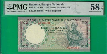 Katanga. - 100 francs 1962 - Pick 12a