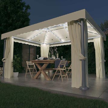 vidaXL Prieel met gordijn en LED-lichtslinger 4x3 m crèmewit, Verzenden, Nieuw