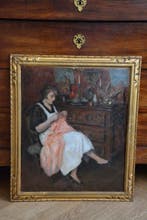 Jacques Weismann (1878-1962) - Interieur met breiende dame, Antiquités & Art