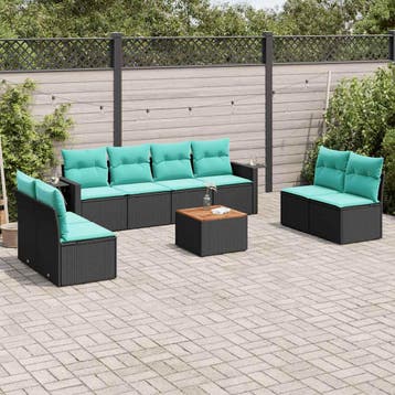 vidaXL 9-delige tuinbankset met kussens van zwart polyrotan, Verzenden