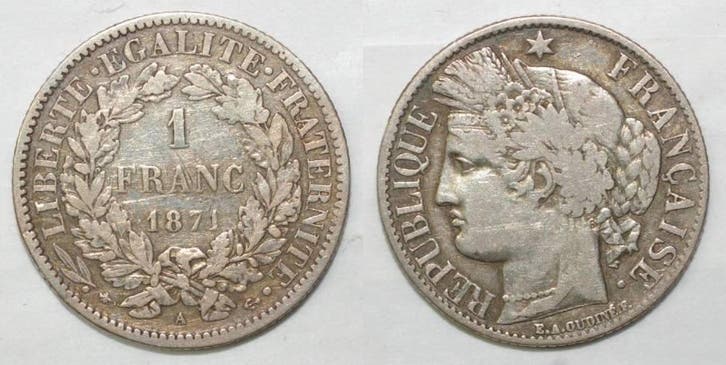 France Frankreich Km 822 1 Franc 1871 Klein A Paris Typ C..., Postzegels en Munten, Munten | Europa | Niet-Euromunten, België