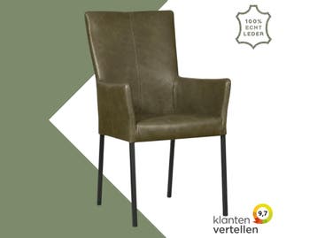 Leren eetkamerstoel Daily met armleuning - Vintage Olive, Huis en Inrichting, Stoelen, Overige kleuren, Nieuw, Leer, Ophalen of Verzenden
