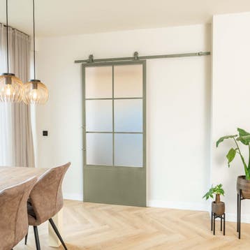 Stalen Schuifdeur 6 Vlaks met kickplate Olijfgroen Mat glas