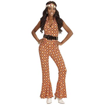 Disco 70S Jumpsuit Oranje Dames Geruit, Verzenden