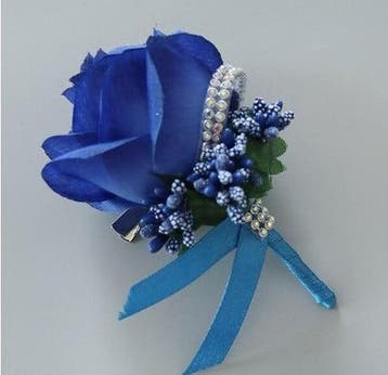Luxe corsage zijden bloemen blauw met strass boutonnière