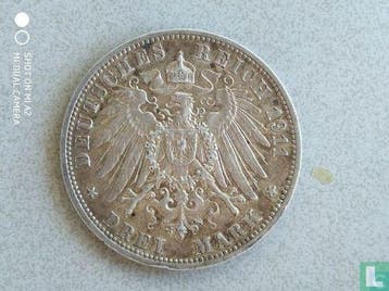 Württemberg 3 mark 1911 (type 1) 25th anniversary Weddin.., Verzenden, Overige landen, Losse munt