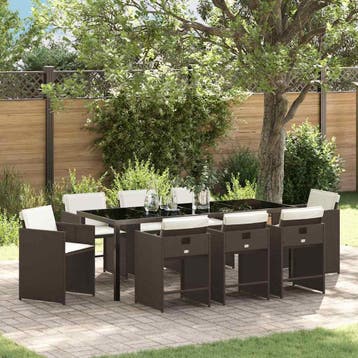 vidaXL Tuin Eettafel Set 9 st Bruin poly rattan, Verzenden, Nieuw