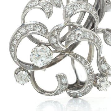 Broche - 14 karaat Witgoud - Retro diamant-scrollbroche,