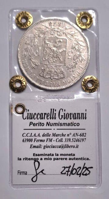 België. Leopold II. 5 Franchi 1873 periziata SPL (Zonder
