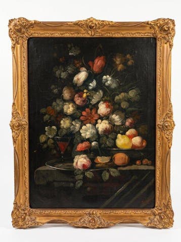 Ira Monte (XX) - Bodegón con flores, frutas y copa