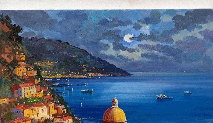 Vincenzo Somma (1955) - Positano romantic moonlight, Antiquités & Art, Art | Peinture | Classique