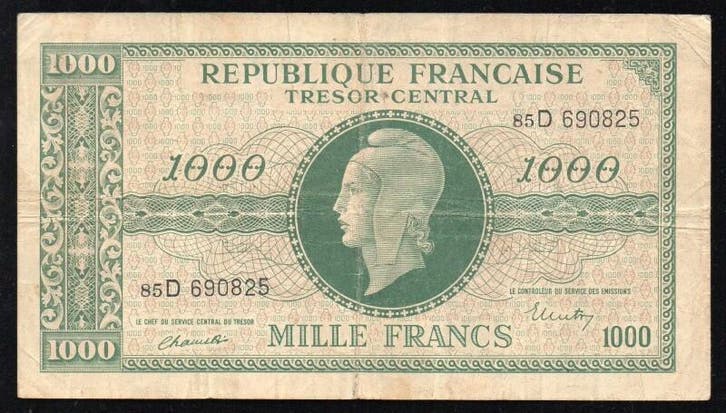 1 000 Francs France Frankreich 1000 Francs Marianne 1945..., Postzegels en Munten, Bankbiljetten | Europa | Niet-Eurobiljetten