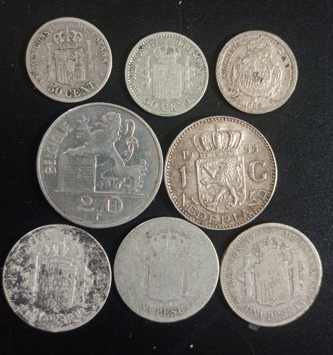 Spanje, België, Nederland. 1880-1955 (Lot of 8 coins), Postzegels en Munten, Munten | Europa | Niet-Euromunten