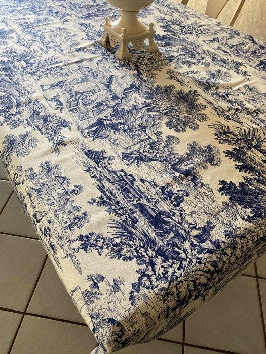san Leucio - Grote katoenen tafellaken in cobaltblauw toile, Antiek en Kunst, Antiek | Tapijten, Tafelkleden en Textiel