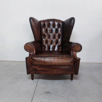 Chesterfield style - Fauteuil - Bergere - Leder, Hout -, Antiek en Kunst