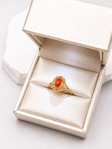 Bague - 14 carats Or jaune Corail rouge - Anneau en corail