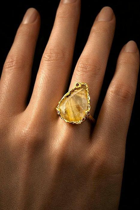 Zilver, Rutilietkwarts - Ring - Golden Glow, Verzamelen, Mineralen en Fossielen