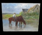 Léon Georges Calves ( 1848 - 1923 ) - La halte des Chevaux.