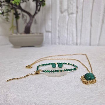 Natuurlijke malachiet sieradenset – pendantketting,, Verzamelen