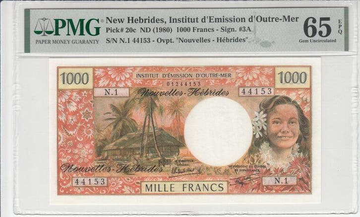 1980 New Hebrides 1000 Francs Nd Pick 20c Pmg Gem Unc 65 Epq, Postzegels en Munten, Bankbiljetten | Europa | Niet-Eurobiljetten