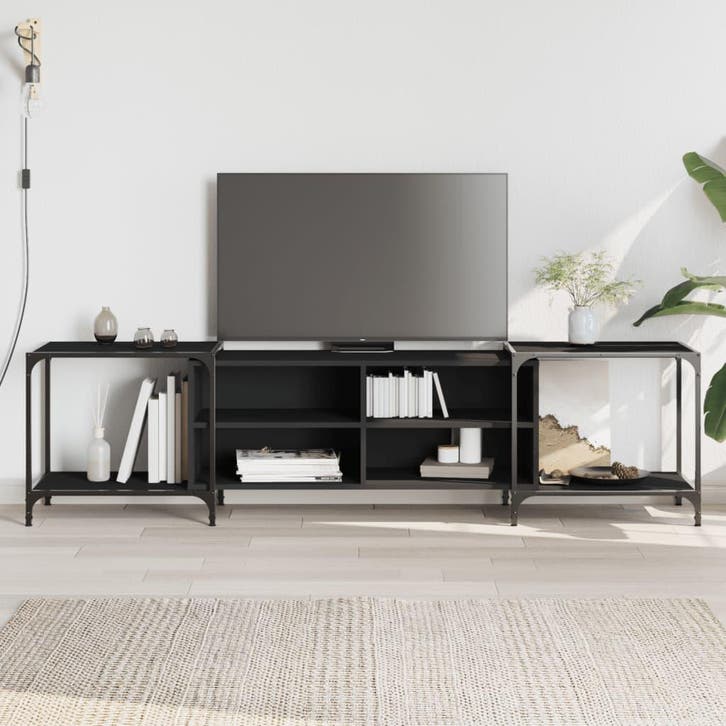 vidaXL Tv-meubel 203x37x50 cm bewerkt hout zwart, Maison & Meubles, Armoires | Mobilier de télévision, Envoi