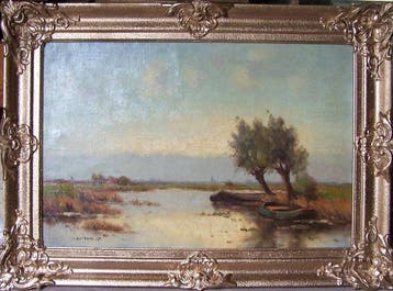 Jan Knikker Jr. (1911-1990) - Rivierlandschap met boten, Antiek en Kunst