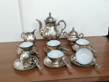 Service à café pour 6 personnes (15) - Porcelaine, Plaqué(e)