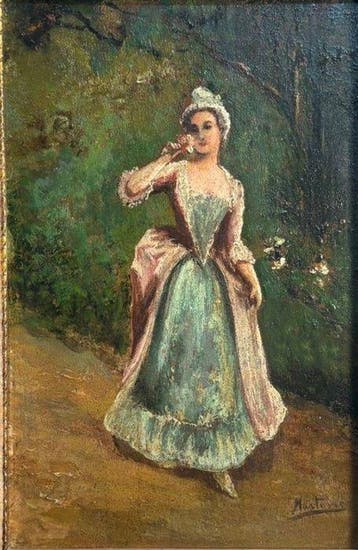 Europese school (XIX) - NO RESERVE - Dama galante en el, Antiquités & Art
