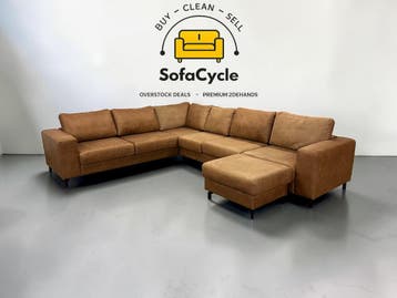 Hoekzetel cognac in microvezel met poef, XL – tweedehands, Huis en Inrichting, Zetels | Zetels en Chaises Longues, Verzenden, Nieuw